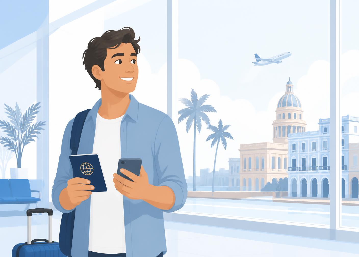 Traveler holding a passport and phone at an airport before flying to Cuba